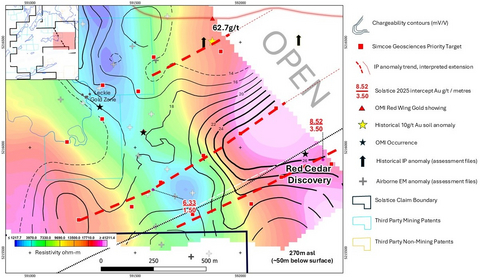 Figure 1: 270m asl (~50m below surface) level plan slice of 3D gridded voxel model showing main IP target trends and open area to be infilled with new IP.