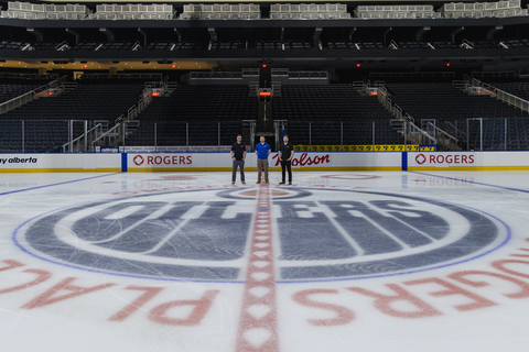 Fastenal and OEGSE recently agreed to a multi-year partnership. Mike Annand and Feliks Forshchevskyi of Fastenal and Todd Florkewich of OEG Sports & Entertainment (OEGSE) admiring the ice at Rogers Place.