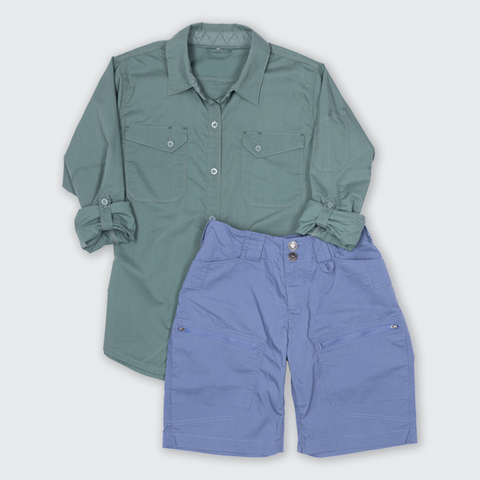 The LYCRA Company, Dovetail Workwear, and Sapphire Finishing Mills collaborate on the COOLSWAP™  collection made with LYCRA® EcoMade fiber. Styles include two types of work pants, cargo skorts, shorts, and a long-sleeved work shirt. The shirt and shorts are pictured.