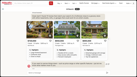 Redfin's new AI-powered conversational search feature lets homebuyers have a back and forth dialogue to refine their search