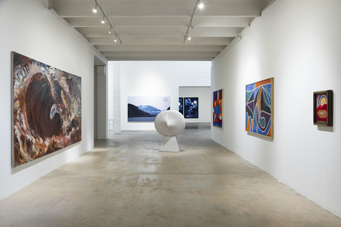Installation view From left to right: Pat Steir, Julian Opie, Chris Ofili, Marepe, Zilia Sánchez, Bertina Lopes, Daniel Correa Mejía. (Photo: Evelyn Sosa)