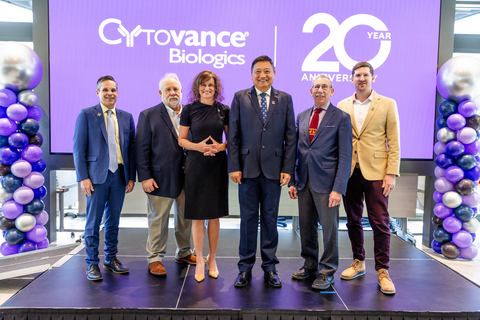 (From Left to Right) Dennis Pruitt, Senior VP of Economic Development at Greater Oklahoma City Chamber, Dr. William Canfield, Co-Founder of Cytovance Biologics, Deborah Moorad, Secretary of Commerce for the State of Oklahoma, Ping Zhang, CEO of Cytovance Biologics, Andrew Lees, CEO and Owner at Fina BioSolutions, and Jeffrey Seymour, President and CEO at OKC Innovation District. 