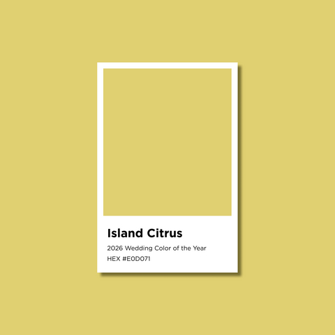 Island Citrus, named the 2026 Wedding Color of the Year by Minted and BRIDES, reflects the growing trend toward bold, destination-inspired hues. Searches for “yellow” are up 46% year-over-year on Minted, underscoring couples’ love for bright, optimistic tones. Courtesy of Minted.