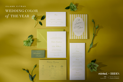 thumbnail Island Citrus, named the 2026 Wedding Color of the Year by Minted and BRIDES, reflects the growing trend toward bold, destination-inspired hues. Searches for “yellow” are up 46% year-over-year on Minted, underscoring couples’ love for bright, optimistic tones. Shown here: “Calia” wedding invitation suite by Minted artist Ani Somi. Shop the full collection at minted.com/BRIDES. Courtesy of Minted.