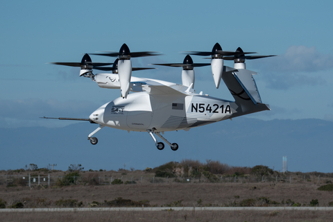 Joby's turbine electric, autonomous VTOL aircraft takes its first flight in Marina, CA just three months after Joby announced the aircraft concept alongside a new partnership with L3Harris Technologies. Credit: Joby Aviation