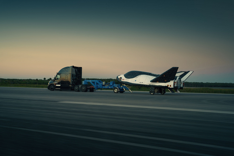 original Dream Chaser spaceplane being pulled at high speeds by a fifth-generation Freightliner Cascadia truck during tow testing. (Photo: Sierra Space)