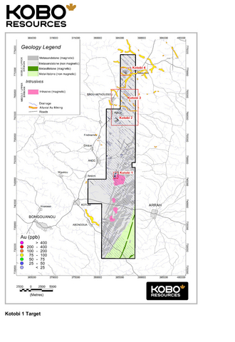 original Figure 1:  Current Soil Geochemical Sampling Coverage with Geophysical Interpretation – Kotobi Project