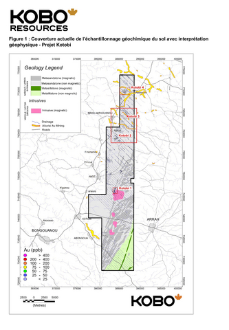 original Figure 1 : Couverture actuelle de l’échantillonnage géochimique du sol avec interprétation géophysique - Projet Kotobi