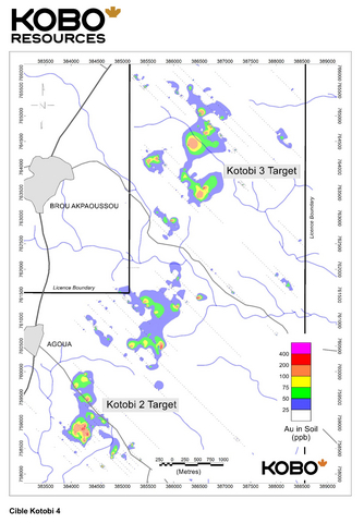 thumbnail Figure 2 : Géochimie du sol et tranchées à la cible Kotobi 1