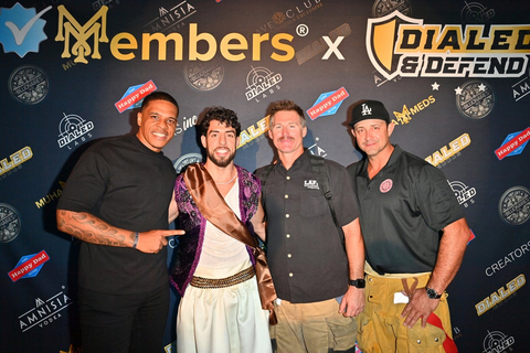 Former Buffalo Bills player and Hampton University football coach RJ Lewis, Muha Meds Founder Ali Garawi, and honored guests from the LA Fire Department. The MUHALLOWEEN event also served as a kick-off for Muha Meds' sister brand, Dialed Moods "Dialed & Defend" program, which aims to help support the wellness of first responders. (Courtesy of Muha Meds)
