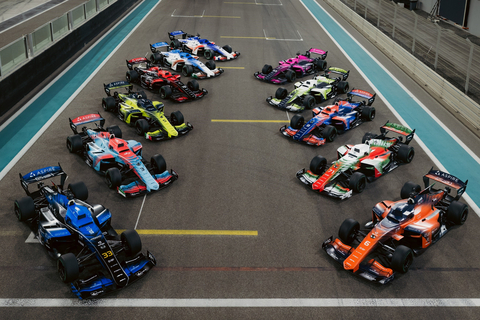 original EAV-25 autonomous racecars from finalist teams line up on the grid at Yas Marina Circuit. (Photo: AETOSWire)
