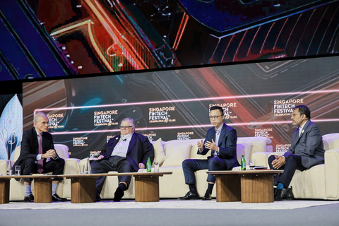 original Ant Group Chairman Eric Jing (second from right) shares insights during a panel discussion titled “Steering the Global Future” during the Singapore FinTech Festival on November 14, 2025.