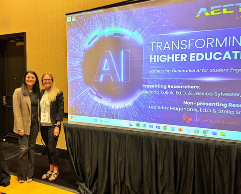 Jessica Sylvester, Ed.D., left, senior manager of college operations and associate faculty at University of Phoenix, and Melinda Kulick, Ed.D., assessment manager and associate faculty, present findings from a mixed-methods study on adult online learners’ use of AI tools during the Association for Educational Communications and Technology International Convention in Las Vegas. Both are research fellows with the University’s Center for Educational and Instructional Technology Research. Their session, “Transforming Higher Education: Harnessing Generative AI for Student Engagement,” explored confidence and outcomes among learners.