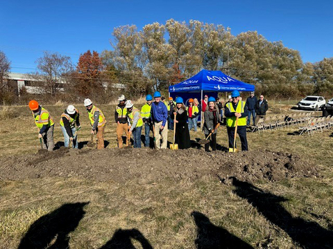 original Aqua Indiana President Sadzi Oliva (3rd from right) breaks ground on Midwest Expansion project, joined by Aqua Indiana employees, Cammy Sutter of Little River Wetlands Project (2nd from right), and contractors from Kokosing.