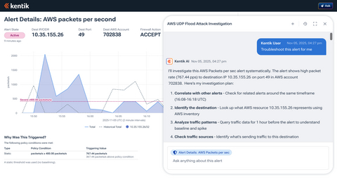 original Kentik AI Advisor leverages the proprietary Kentik Data Engine—an ultra-scalable, real-time data platform that ingests a trillion telemetry points per day—in order to unify cloud, device, flow, and internet data.