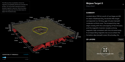 thumbnail Screenshot from the Vorticity Open-Source Rare Earths online portal, which enables interactive 3D visualization of the generated subsurface models across all identified targets.