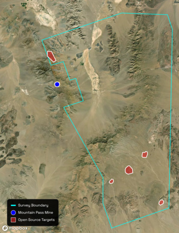 thumbnail Satellite image of the Mojave Desert showing the Mountain Pass REE deposit—the only active rare-earth mine in North America—alongside new exploration targets identified by the Open-Source Rare Earths initiative. Detailed 3D models for each target are available upon request from Vorticity.