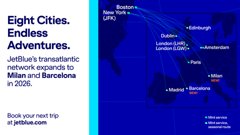JetBlue's transatlantic network expands to Milan and Barcelona in 2026.