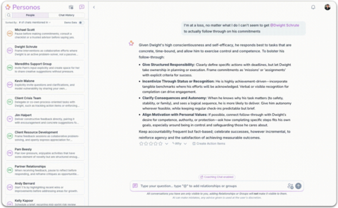 The Personos interface captured during a chat exchange, showcasing the platform’s real-time guidance and relationship-centered design.