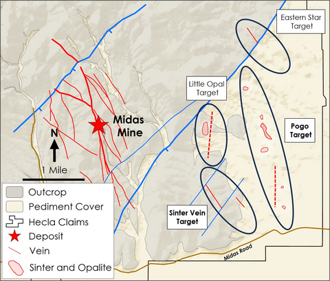 Figure 1: Midas plan view map showing 2025 SE Midas exploration target areas.