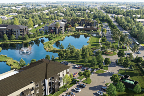 An aerial rendering of Prospect Highland Oaks, a 324-unit luxury apartment community in Tampa, FL. Co-developed by Carter and Brook Farm Group, this project addresses the growing demand for high-quality housing in the area, offering modern living spaces and convenient access to major employment hubs.