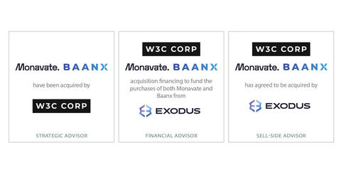 D.A. Davidson & Co. announced today that it served as exclusive strategic and financial advisor to W3C Corp, comprised of its subsidiaries Monavate and Baanx, in connection with its sale to Exodus for <money>$175 million</money>, subject to regulatory approvals. D.A. Davidson also advised W3C Corp on its acquisitions of Monavate and Baanx, as well as arranged a <money>$60 million</money> term loan facility to support the combination.