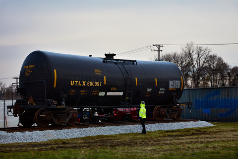 Union Tank Car (UTLX) donated this tank car to support hands-on training for the Chicago Fire Department, Calumet City Fire Department, and nearby municipalities. The Rail tank car, which measures 43 feet long, 15 feet high, and weighs 61,100 lbs, has been installed at the Calumet City Public Safety Training Center.