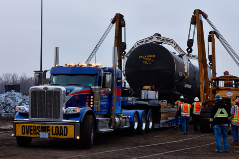 thumbnail An oversize load truck trailer transported this Union Tank Car (UTLX) tank car to support hands-on training for the Chicago Fire Department, Calumet City Fire Department, and nearby municipalities. The UTLX tank car will become a permanent asset at the Calumet City Public Safety Training Center, ensuring that first responders are better prepared for emergency responses involving rail tank cars and hazardous materials.
