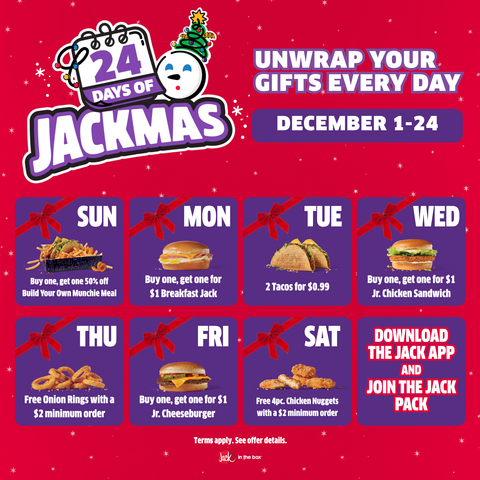 From December 1 through December 24, Jack Pack® members can unwrap a new deal every single day through the Jack app!