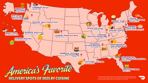 thumbnail DoorDash map of America’s Favorite Delivery Spots of 2025 by Cuisine