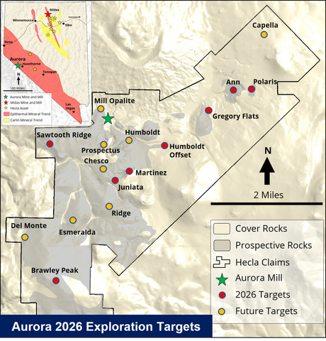 Figure 1: Aurora plan view map showing 2026 exploration target areas.