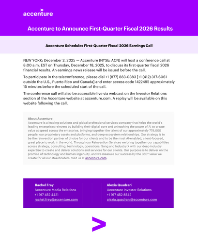 original Accenture will host a conference call at 8:00 a.m. EST on Thursday, December 18, 2025, to discuss its first-quarter fiscal 2026 financial results.