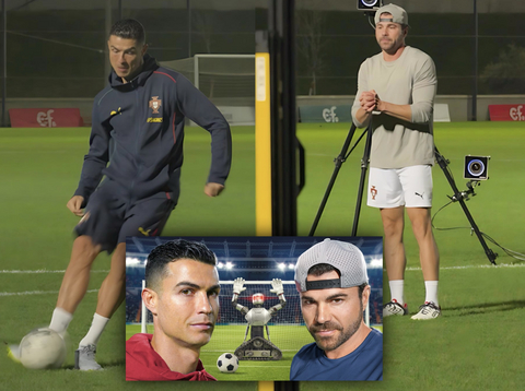 original Cristiano Ronaldo and Mark Rober on set in Portugal, with OptiTrack PrimeX 120 cameras capturing every shot in the viral robot goalie experiment.