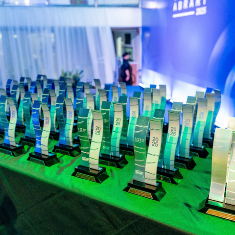 thumbnail Awards on display at the Abrart 2025 ceremony, where Eucatex under the leadership of Flavio Maluf earned top recognition for “Best Product - Real Estate Line.”