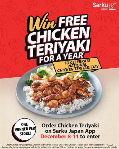 Sarku Japan is excited to celebrate its favorite day of the year, National Chicken Teriyaki Day, on December 11, 2025, with a nationwide giveaway.