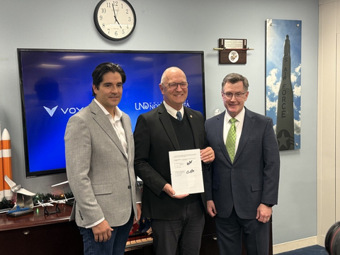 original Matt Kuta, Voyager President, U.S. Senator Kevin Cramer, UND President Andy Armacost (left to right)