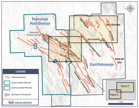 Figure 1: Map of Palmarejo Main and East Palmarejo showing main vein trends