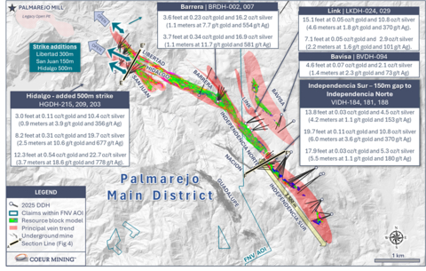 thumbnail Figure 2. Palmarejo main district showing location of Hidalgo Corridor and Independencia Sur with key drill intercepts