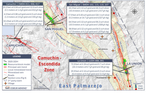 thumbnail Figure 3: Map showing portion of East Palmarejo that includes Camuchín, San Miguel, and La Unión trends and key drill intercepts
