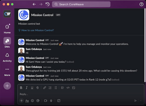 A live Slack chat with a CoreWeave Mission Control Agent shows how every insight is actionable using Mission Control.