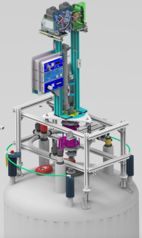 thumbnail NMR relaxometry instrument with field cycling coil (purple), a magnetic tunnel, and a fast shuttle system mounted atop a superconducting magnet, for rapid sample transfer between the high-field region and the field cycling coil