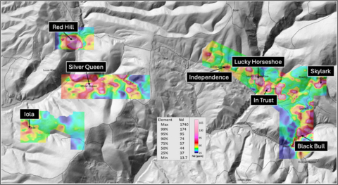 The image above is a color relief image showing neodymium-in-soil anomalies from the Company’s soil sampling geochemistry, consisting of over 2,000 individual samples taken on 100-meter centers with 50-meter infill sampling around elevated anomalies.
