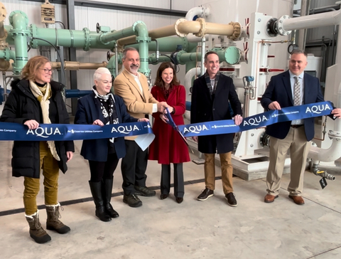 Aqua leaders join Pennsylvania state officials to cut the ribbon on new PFAS treatment facility serving Bucks County. (Pictured from left to right: Rebecca Hayden, PENNVEST; PUC Commissioner Kathryn Zerfuss; Aqua Pennsylvania President Marc Lucca; Aqua President Colleen Arnold; State Senator Steve Santarsiero; Deputy Secretary John Ryder, DEP Field Operations)
