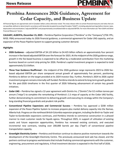 original Pembina Announces 2026 Guidance, Agreement for Cedar Capacity, and Business Update