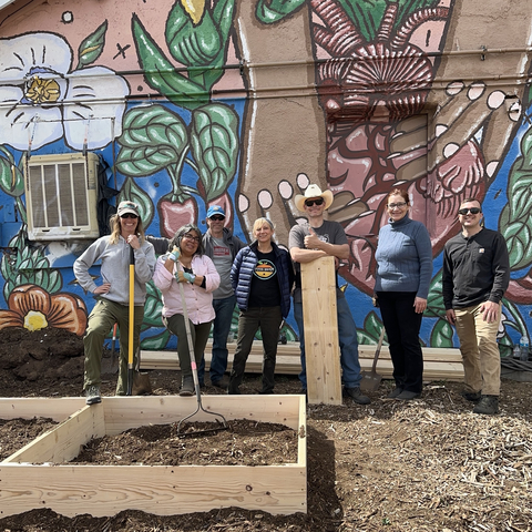 original Aramark team members from Mesa Verde National Park construct new garden beds at the Good Sam's Food Pantry in Cortez, CO.