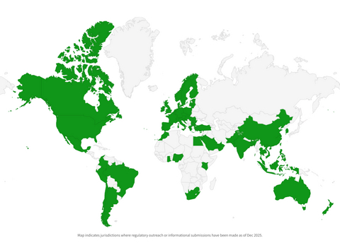 original Map indicates jurisdictions where regulatory outreach or informational submissions have been made as of Dec 2025.