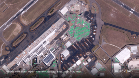 thumbnail BlackSky’s third Gen-3 satellite entered commercial operations in just three weeks following launch, reflecting an exponential increase in commissioning speed since the launch of its first Gen-3 unit. BlackSky customers now have access to all three current Gen-3 satellites through the Spectra tasking and analytics platform with the ability to collect time-diverse, high-cadence day and nighttime imagery, including high off-nadir collections, with automated AI-enabled vessel, aircraft and vehicle detection and identification analytics. This Gen-3, unit three, very high-resolution image with aircraft and vehicle analytics was collected over Adelaide International Airport, Adelaide Australia at 2:43 p.m. on December 13.