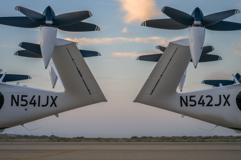 Two of Joby’s electric air taxis at its flight test and manufacturing facilities in Marina, CA. Credit: Joby Aviation