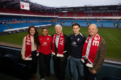 original Viking and the Norwegian Football Federation (NFF) today announced a long-term agreement making Viking the main sponsor for the National Team Academy (Landslagsskolen) and Norway’s U-level national teams. Pictured here at Oslo’s Ullevaal Stadion, Torstein Hagen, Chairman and CEO of Viking, with Lise Klaveness, President of the Norwegian Football Federation, Karl-Petter Løken, General Secretary of the Norwegian Football Federation and two current “Future Vikings” Maria Kroken (17) and Marius Eriksrud (16). For more information, visit www.viking.com.