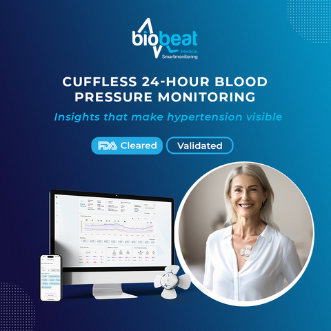 original Biobeat is the first FDA-cleared Cuff-less 24-hour ambulatory blood pressure monitoring (ABPM) system that is a patch-worn, cuff-less solution for diagnosis and treatment of hypertension.